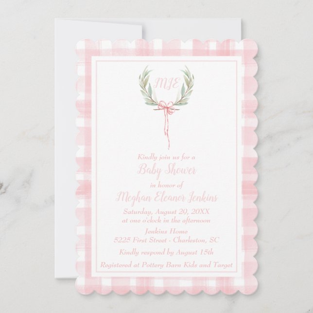 Invitation Monogramme de crête de En vichy Laurel Pink (Devant)