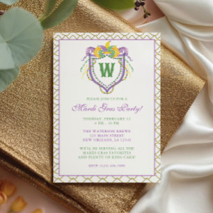 Invitation Monogramme de crête de Mardi Gras à l'aquarelle Fê