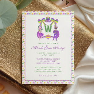 Invitation Monogramme de crête de Mardi Gras à l'aquarelle Fê