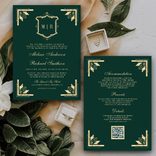 Invitation Monogramme de crête d'or QR Code Emerald Mariage v