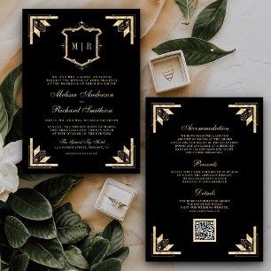 Invitation Monogramme de crête d'or QR Code Mariage noir