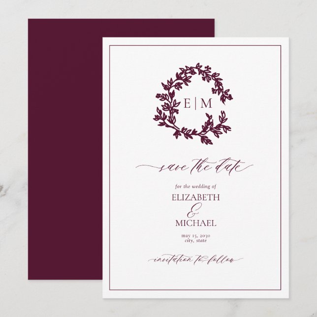Invitation Monogramme de crête feuillue de Bourgogne Enregist (Devant / Derrière)