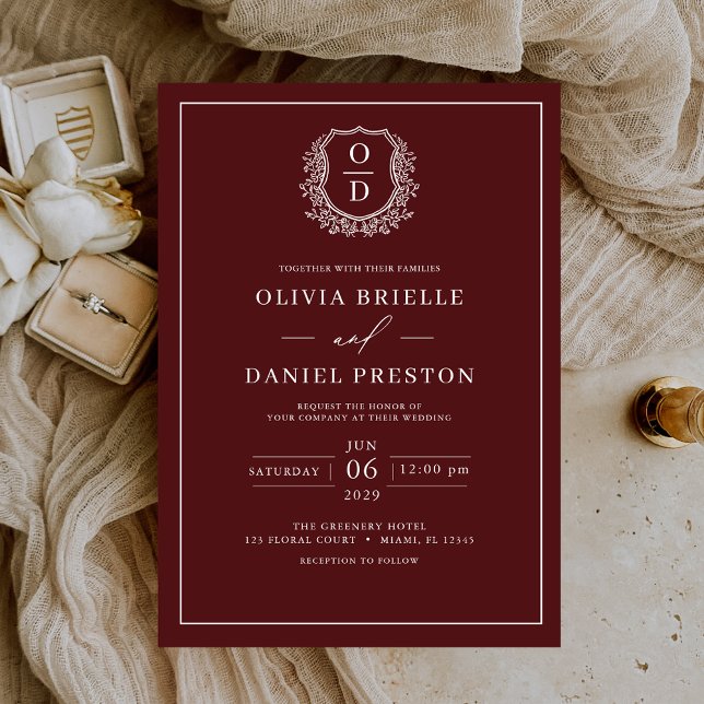 Invitation Monogramme de crête feutrée Bourgogne Élégant Mari (Créateur téléchargé)