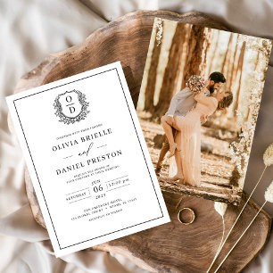 Invitation Monogramme de crête noire blanche Mariage photo
