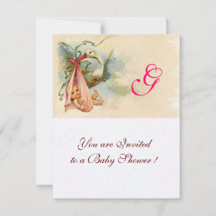 INVITATION MONOGRAMME DE DOUCHE POUR FILLES BÉBÉ EN STORK