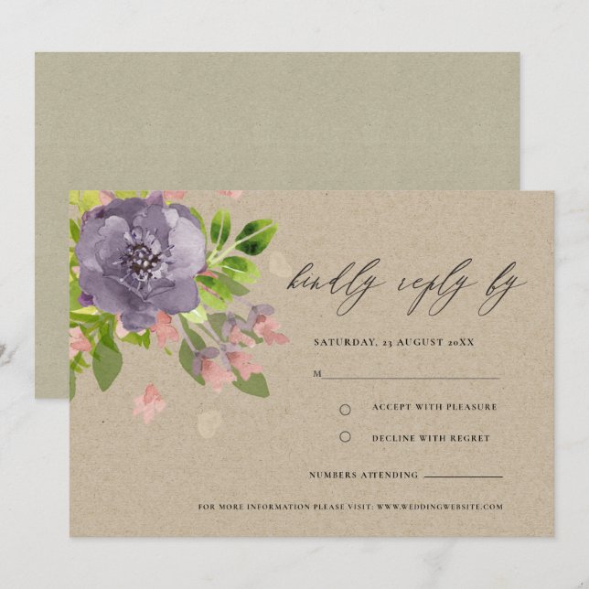 INVITATION MONOGRAMME DE FLEURS ET DE FOLIAGE RUSTIQUE DE VIO (Devant / Derrière)