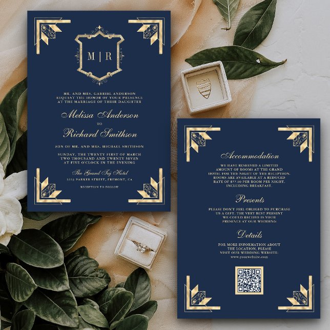 Invitation Monogramme de la crête d'or Code QR Marine Mariage (Créateur téléchargé)