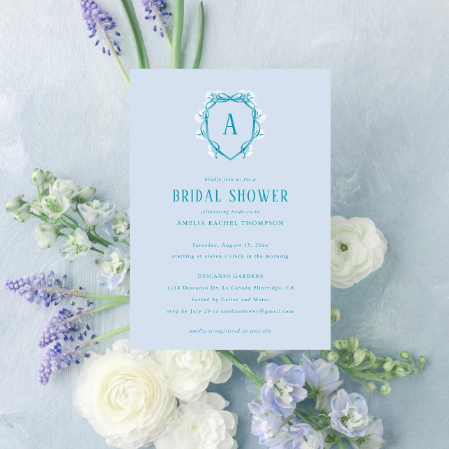 Invitation Monogramme de la crête florale bleue Fête des mari (Créateur téléchargé)