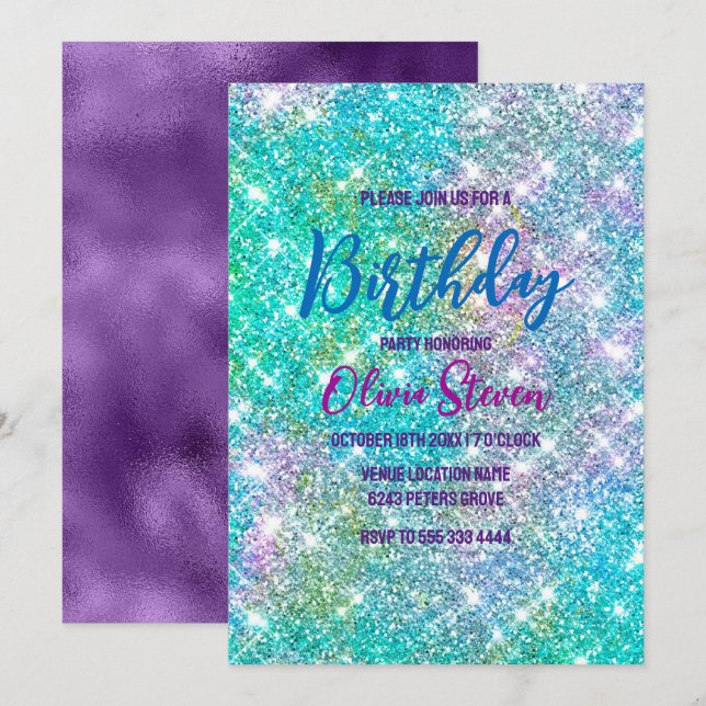 Invitation Monogramme de la fausse parties scintillant bleue  (Devant / Derrière)