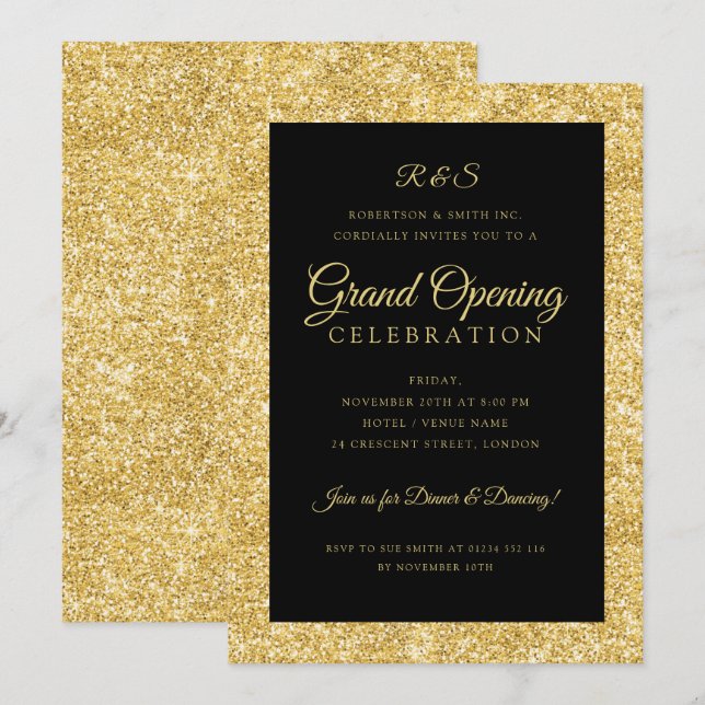 Invitation Monogramme de la Parties scintillant d'or d'ouvert (Devant / Derrière)