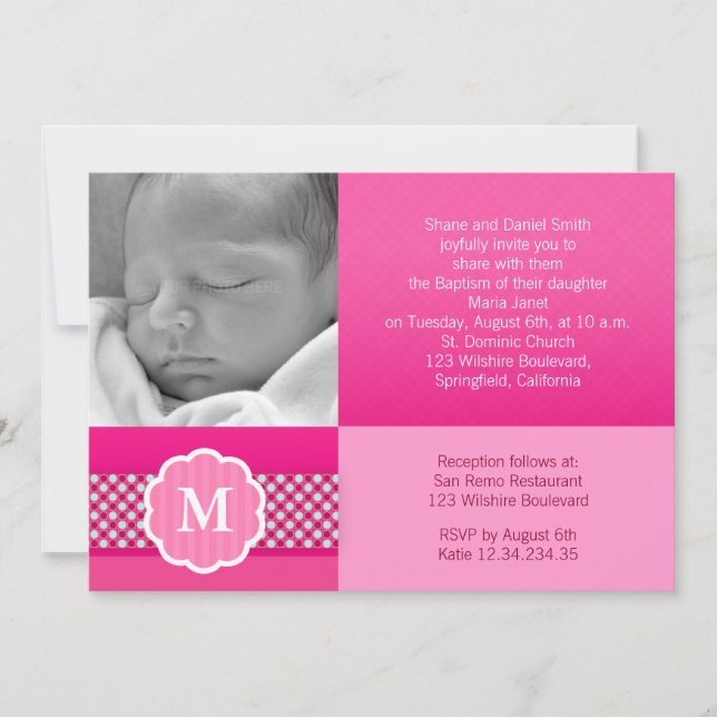Invitation Monogramme de la petite fille du baptême rose (Devant)