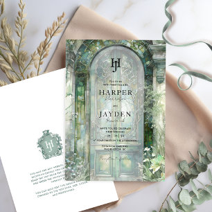 Invitation Monogramme de mariage à l'aquarelle de jardin vert