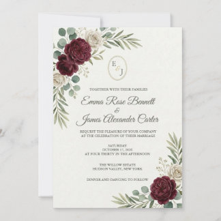 Invitation Monogramme de mariage aux roses bordeaux et blanch