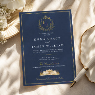 Invitation Monogramme de mariage bleu marine de luxe à l'anci