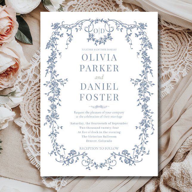 Invitation Monogramme de mariage bleu poussiéreux français vi (Créateur téléchargé)