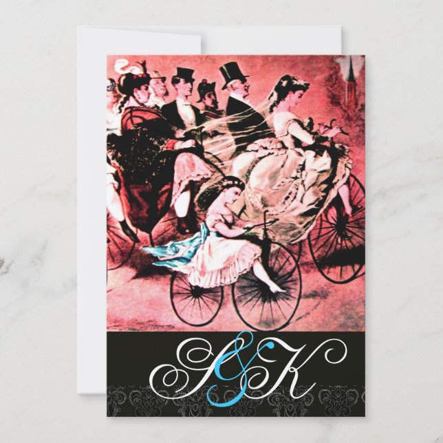 INVITATION MONOGRAMME DE MARIAGE DAMASK BLACK BLEU RED BICYCL (Devant)