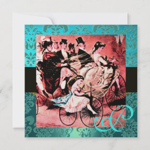 INVITATION MONOGRAMME DE MARIAGE DAMASK BLACK BLEU ROUGE