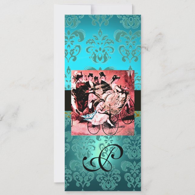 INVITATION MONOGRAMME DE MARIAGE DAMASK BLACK BLEU ROUGE (Devant)