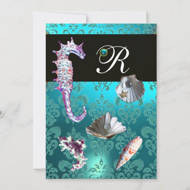 INVITATION MONOGRAMME DE MARIAGE DE LA PLAGE DE DAMASK AQUAMA (Devant)