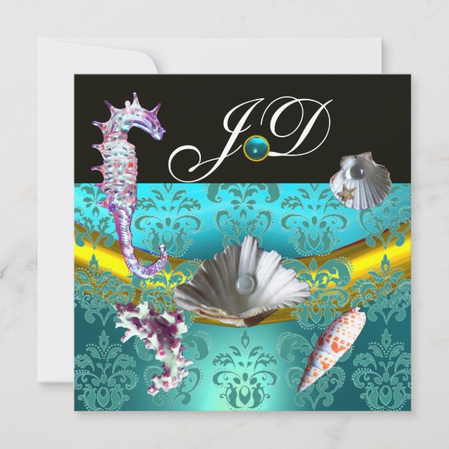 INVITATION MONOGRAMME DE MARIAGE DE LA PLAGE DE DAMASK AQUAMA (Devant)