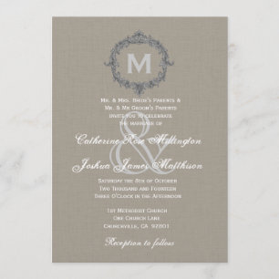 Invitation Monogramme de Mariage en toile de lin de galets et