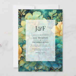 Invitation Monogramme de mariage floral au vert-de-gris et or