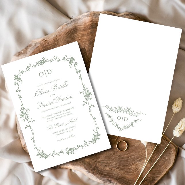 Invitation Monogramme de Mariage végétal de Sage victorien (Créateur téléchargé)