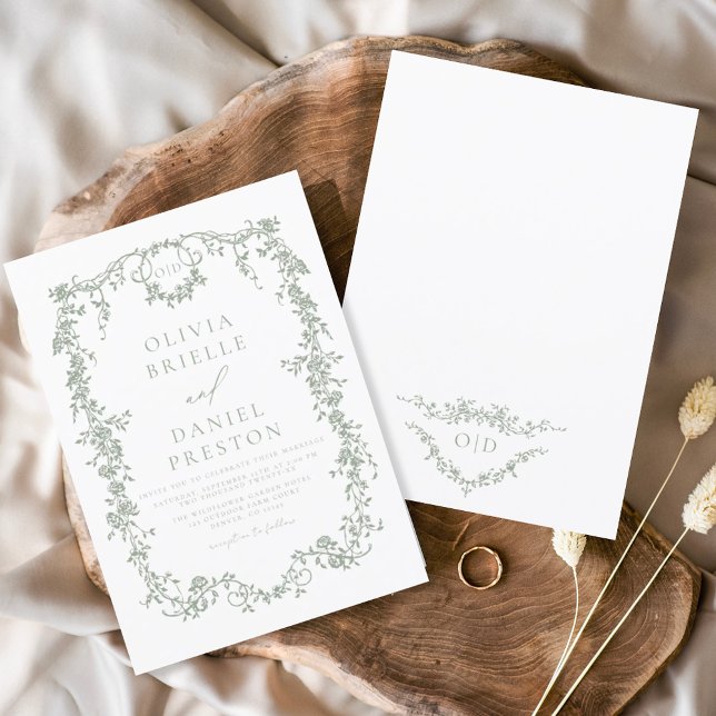 Invitation Monogramme de Mariage végétal de Sage victorien (Créateur téléchargé)
