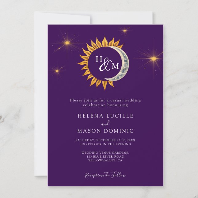 Invitation Monogramme de soleil et de lune Mariage violet (Devant)
