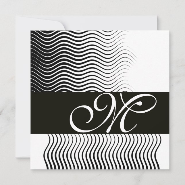 Invitation MONOGRAMME DE VAGUES ÉLÉGANTES, noir et blanc (Devant)