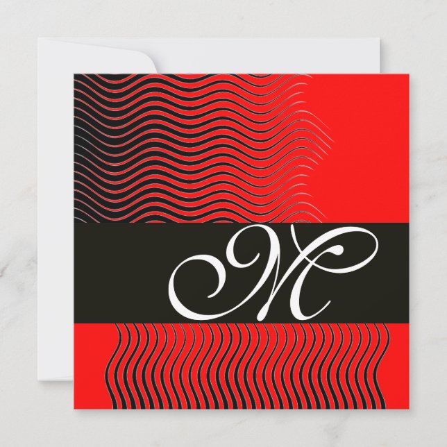 Invitation MONOGRAMME DE VAGUES ÉLÉGANTES, noir et blanc, rou (Devant)