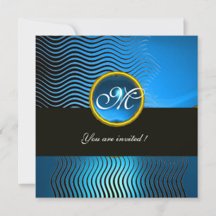 Invitation MONOGRAMME DE VAGUES ÉLÉGANTES, saphir bleu