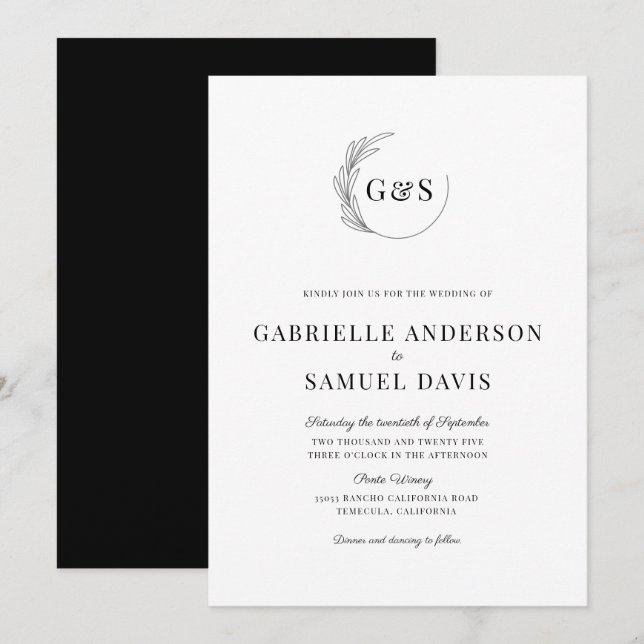 Invitation Monogramme demi-couronne Mariage noir et blanc min (Devant / Derrière)