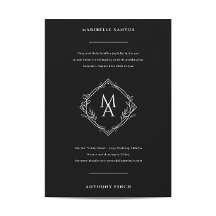 Invitation Monogramme diamant avec fleurs en Mariage noir