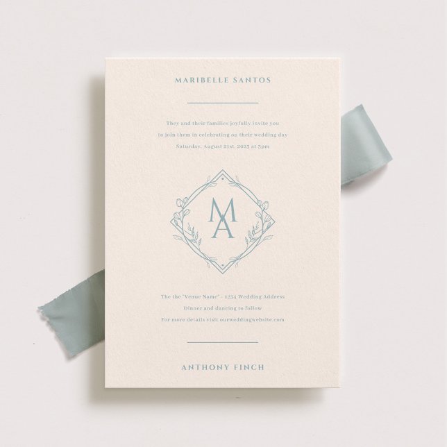 Invitation Monogramme Diamant Avec Fleurs Mariage Bleu Dusty (Créateur téléchargé)