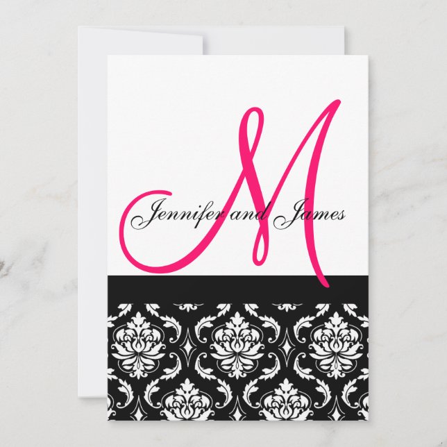 Invitation Monogramme d'invitation de mariage noir rose damas (Devant)