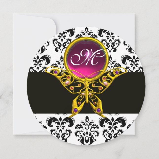 Invitation MONOGRAMME D'OR HYPER BUTTERFER, Damas Noir Blanc (Devant)