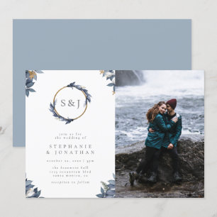 Invitation Monogramme d'or rond et photo Mariage de Feuilles 