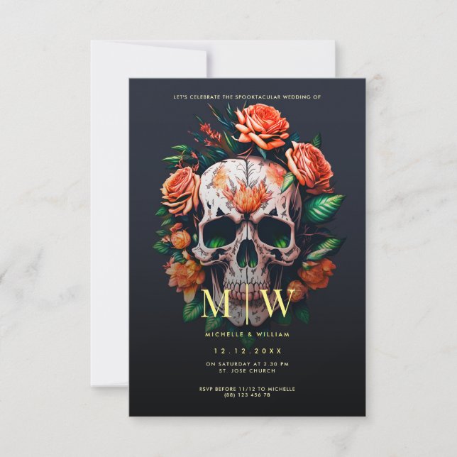 Invitation Monogramme du crâne floral Mariage d'Halloween (Devant)