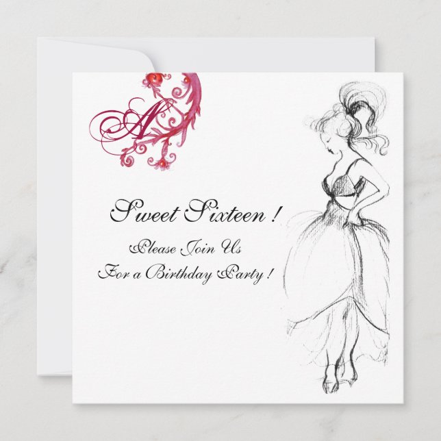 Invitation MONOGRAMME DU PARTI sweet sixteen, rouge noir et b (Devant)