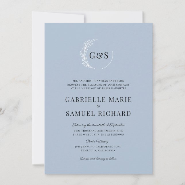 Invitation Monogramme Dusty Blue Leaf Wreath Minimal Mariage (Devant)
