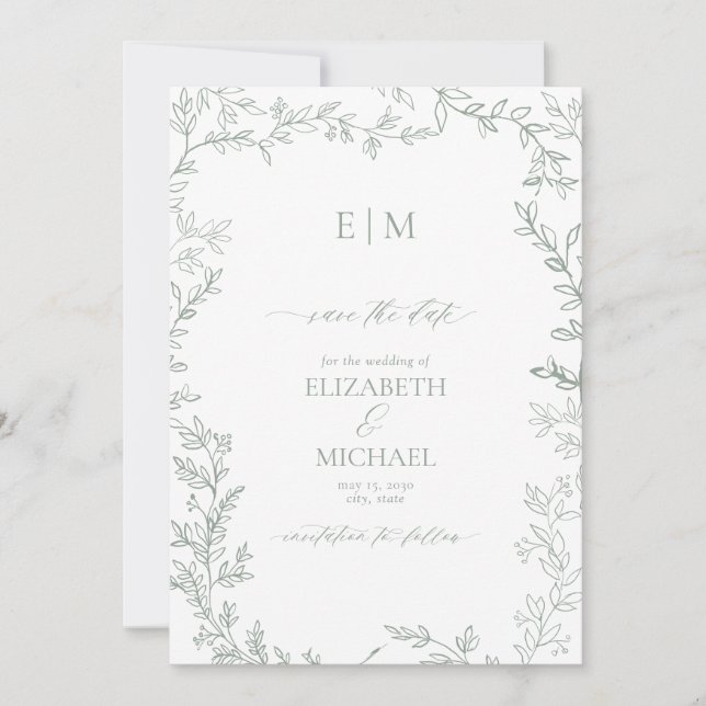 Invitation Monogramme écrémé vert feuille Sage Enregistrer la (Devant)