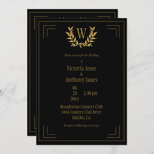 Invitation Monogramme Elegant Black Gold Leaf Mariage (Devant / Derrière)