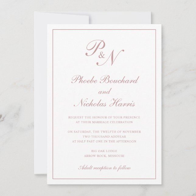 Invitation Monogramme Elegant Dusty Rose Tout en un Mariage (Devant)