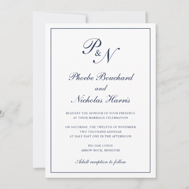 Invitation Monogramme Elegant Marine Bleu Tout en un Mariage (Devant)