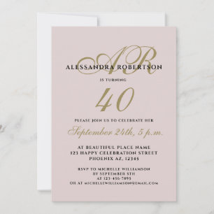 Invitation Monogramme élégant quarante anniversaire blush or 