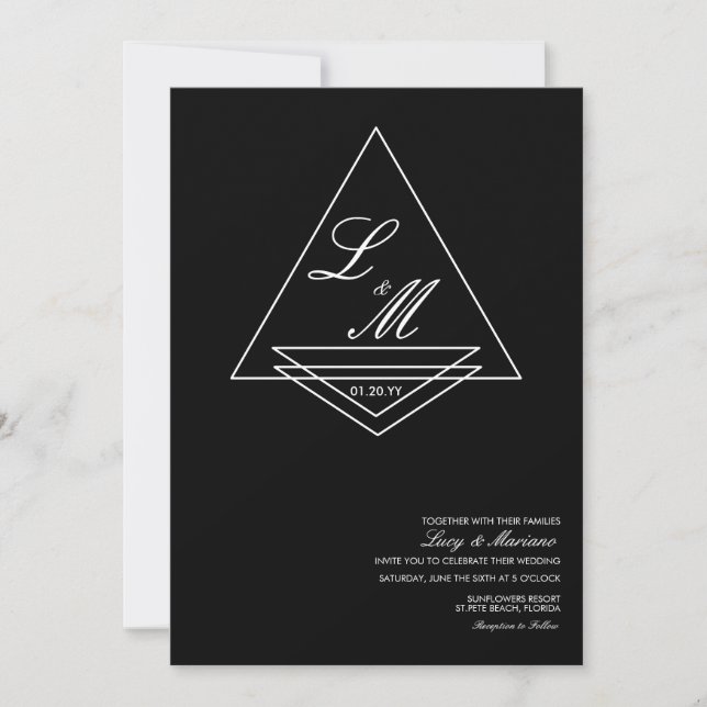 Invitation Monogramme élégant Script Art Déco Mariage noir (Devant)