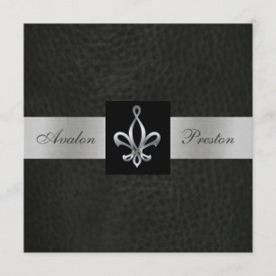 Invitation Monogramme en Faux Cuir Noir Fleur De L
