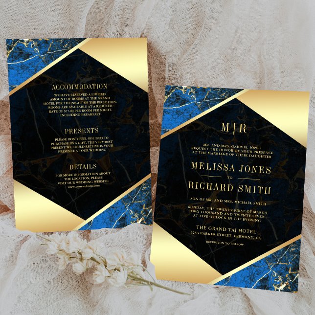 Invitation Monogramme en marbre royal bleu or tout en un Mari (Créateur téléchargé)