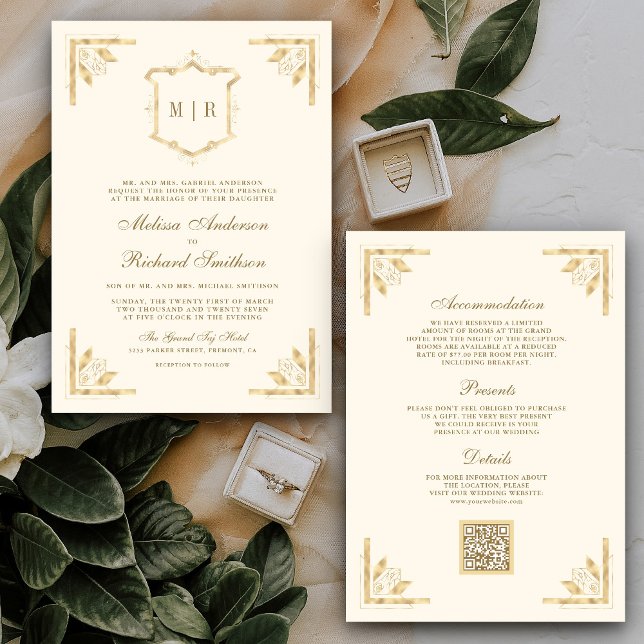 Invitation Monogramme en or Crest QR Code Cream Mariage (Créateur téléchargé)